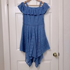 BCBGirls Blue Lace Dress Size 16 Ruffle Off The Shoulder Handkerchief Bottom Hem